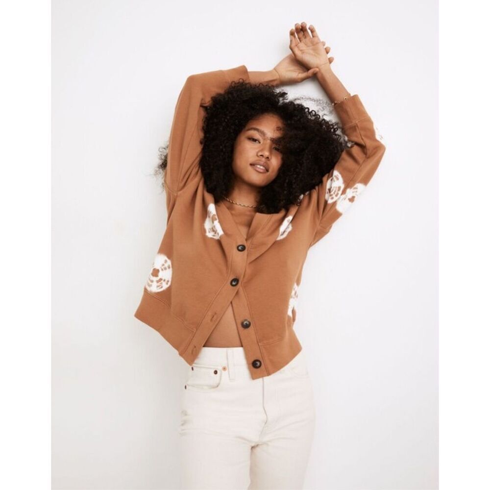 Madewell Cotton Cardigan Sweatshirt in Tie-Dye Dot Warm Hickory Small
